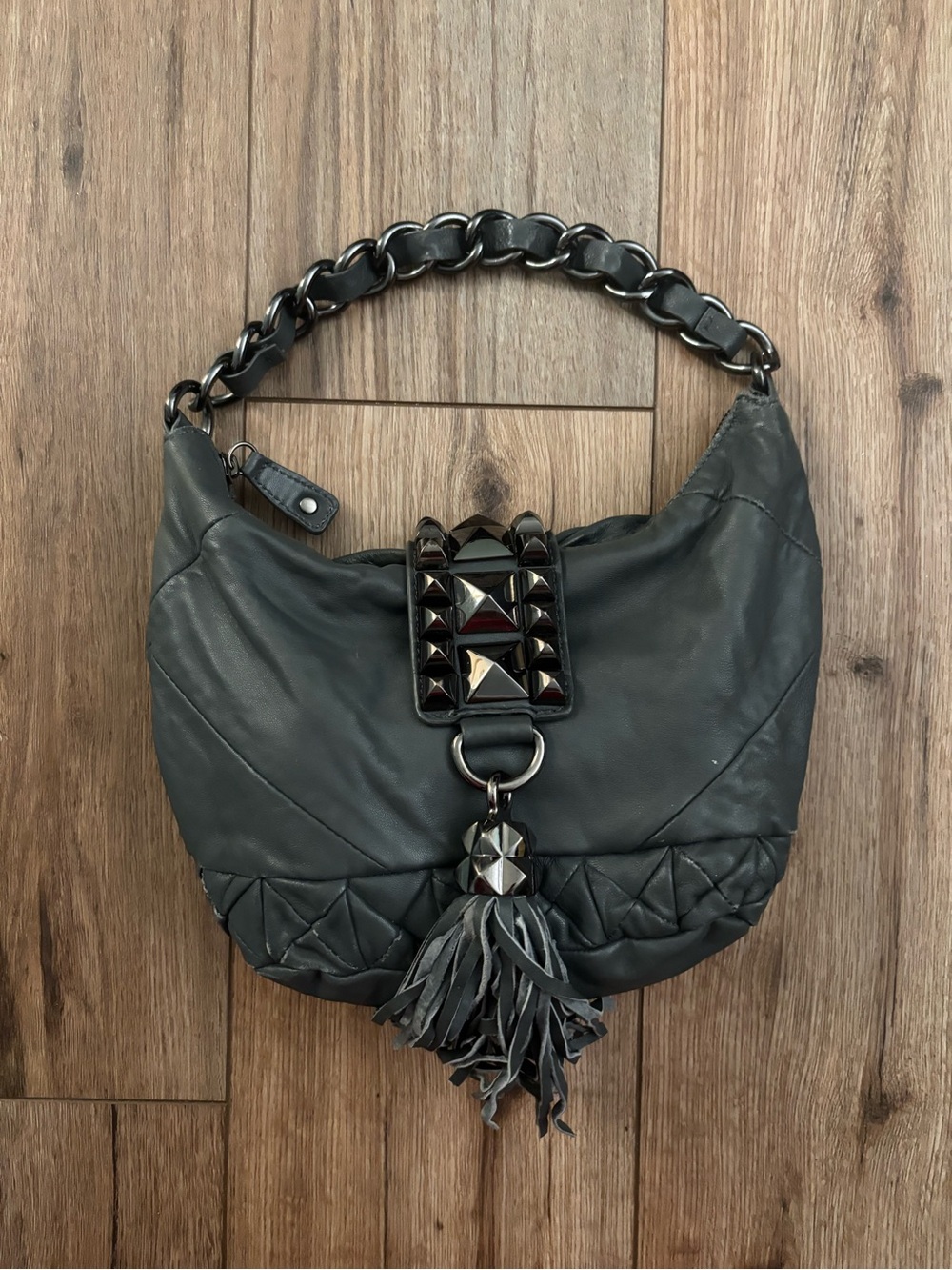 Vintage Y2K Betsey Johnson 100% Leather Grey Purse, Studs & Tassel Indie Sleaze